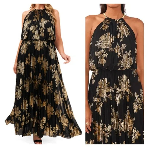 MSK | Dresses | Msk Black Gold Floral Racerback Maxi Dress With Metallic  Collar Evening Gown | Poshmark